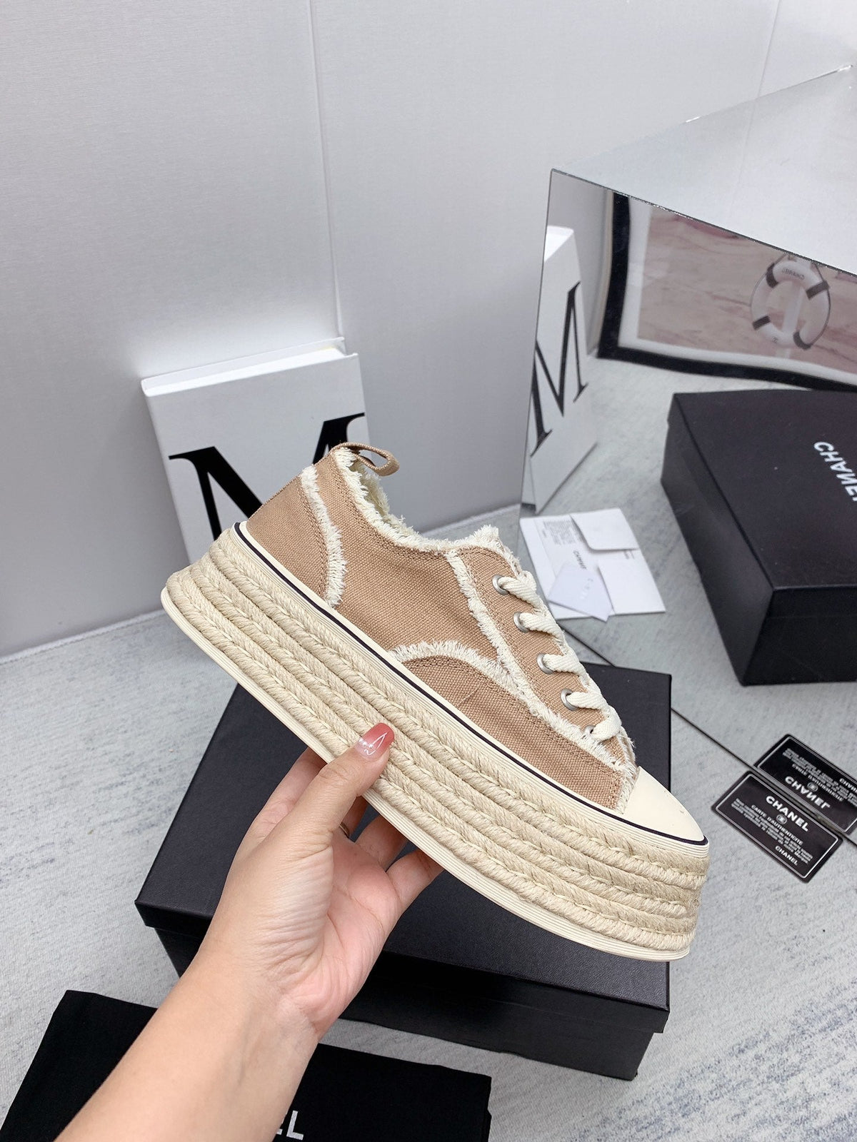 CC 2026 Logo Platform Sneakers Beige Fringed Trim Canvas 161698