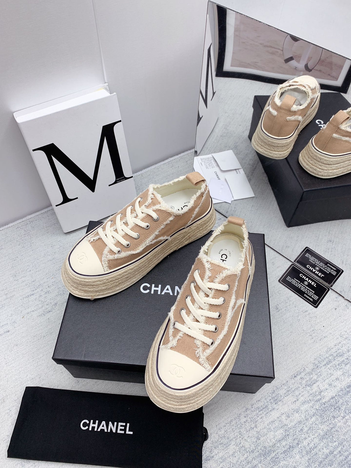 CC 2026 Logo Platform Sneakers Beige Fringed Trim Canvas 161698