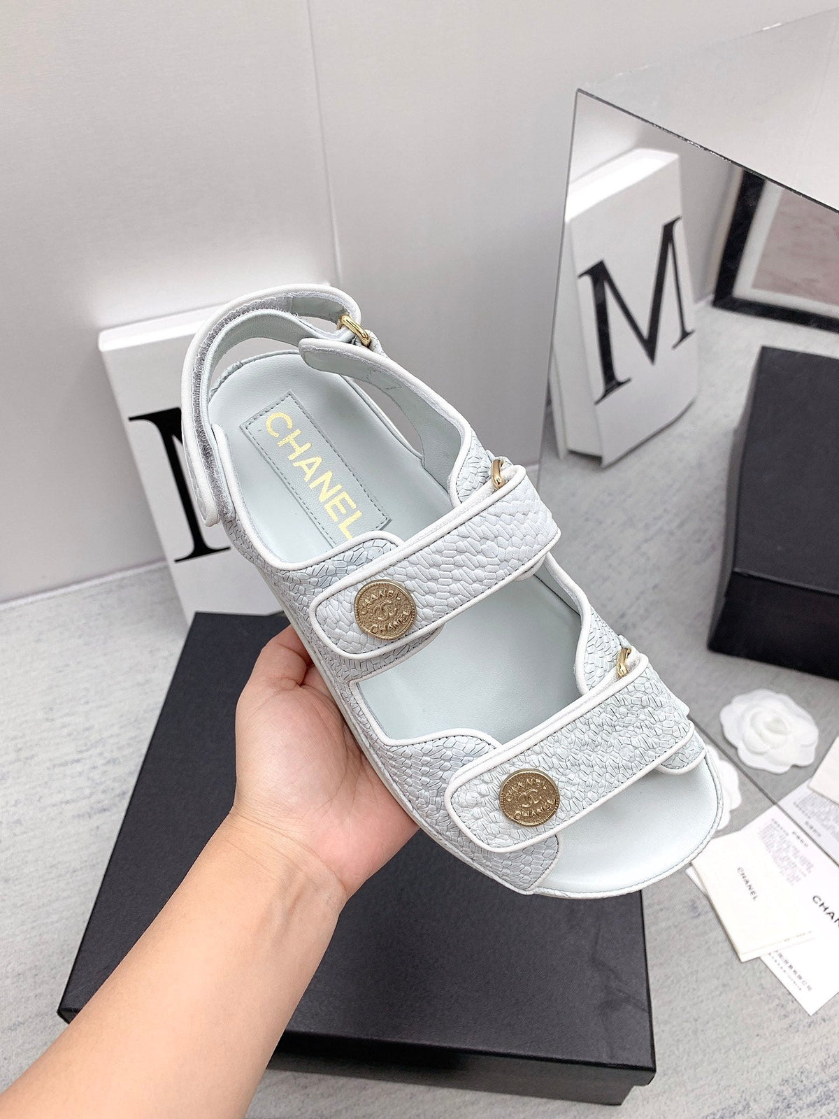CC 2026 Logo Dad Sandals White Caviar Leather 161743