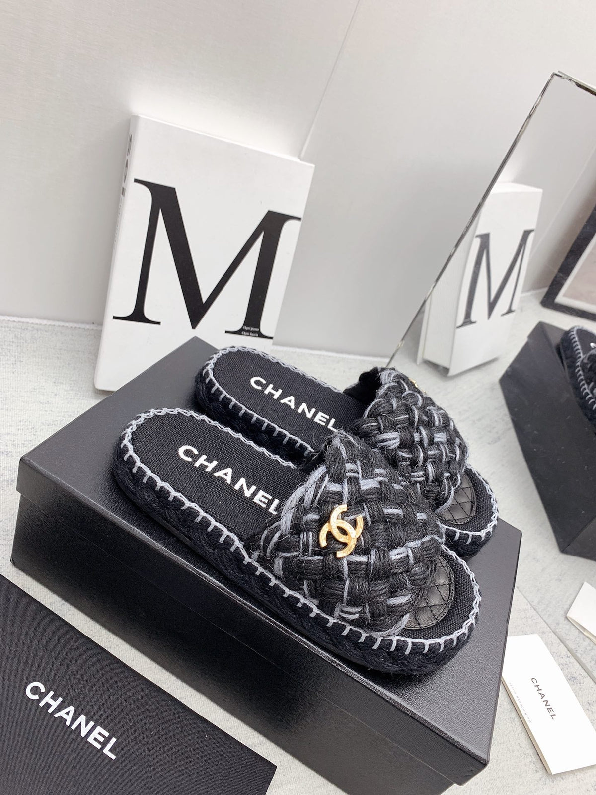 CC 26s Mules Black Grey Interlocking Fabric Lambskin 159998