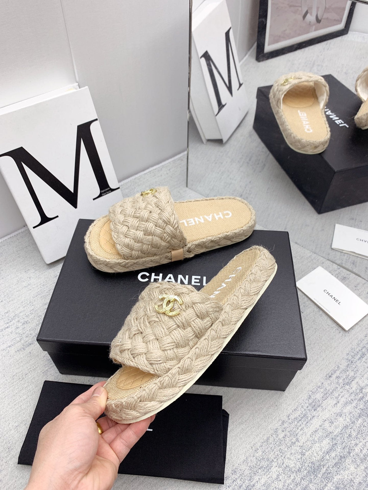 CC 26s Mules Beige Interlocking Fabric Lambskin 160005