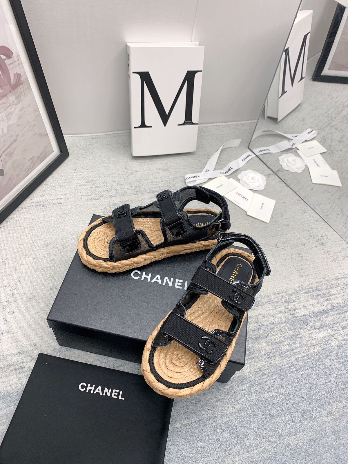CC 26s Dad Sandals Black Fabric Patent Cord 160038
