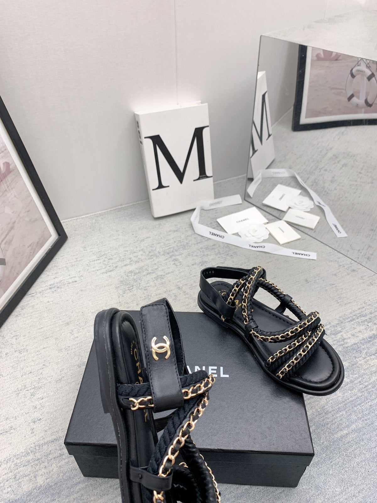 CC 26s Strappy Sandals Black Gold Interlocking Chain Lambskin 160055