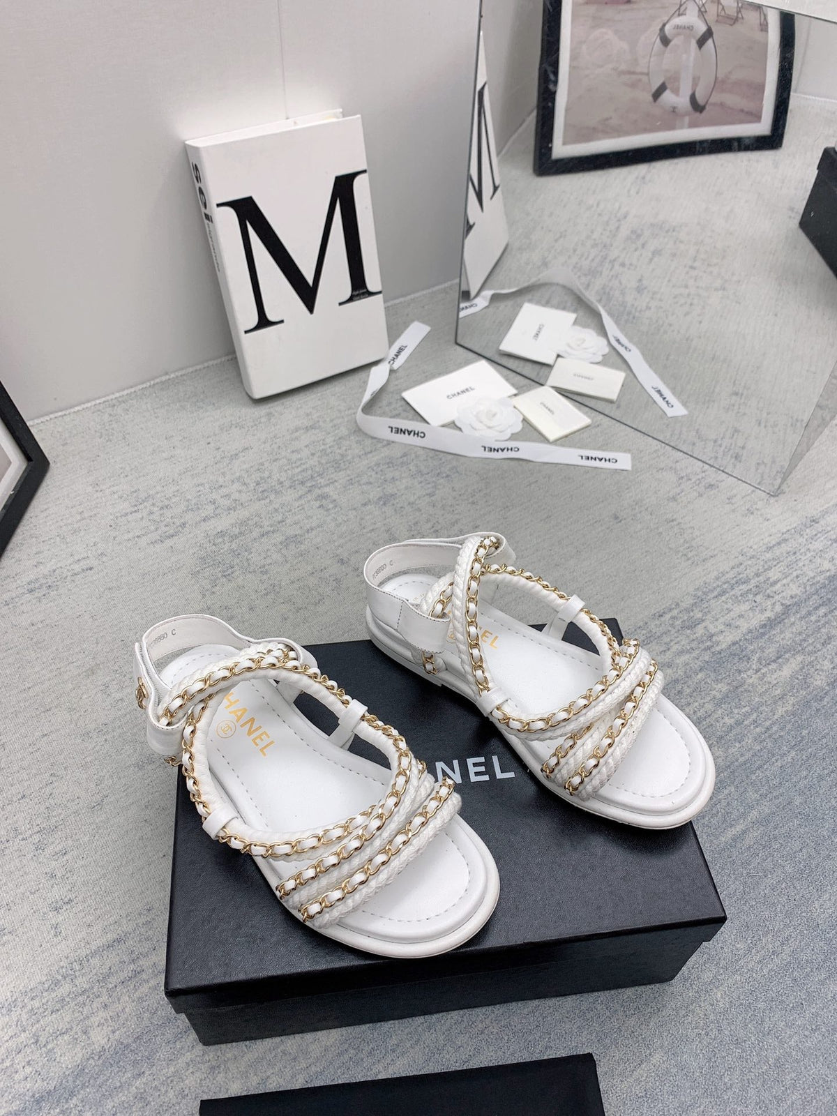 CC 26s Strappy Sandals White Gold Interlocking Chain Lambskin 160057