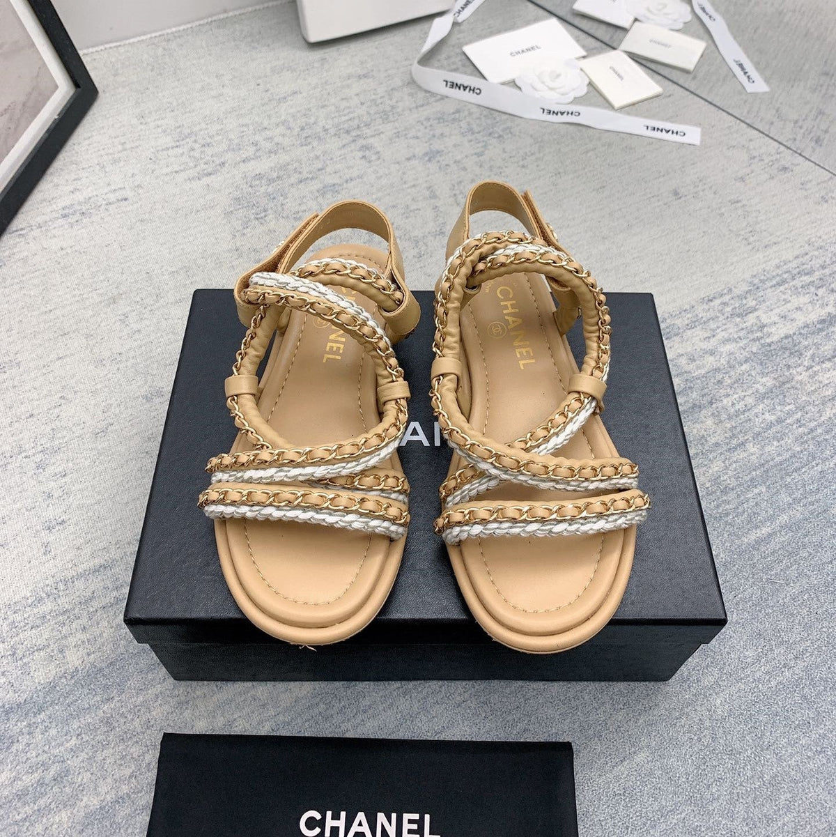 CC 26s Strappy Sandals Beige Gold Interlocking Chain Lambskin 160056