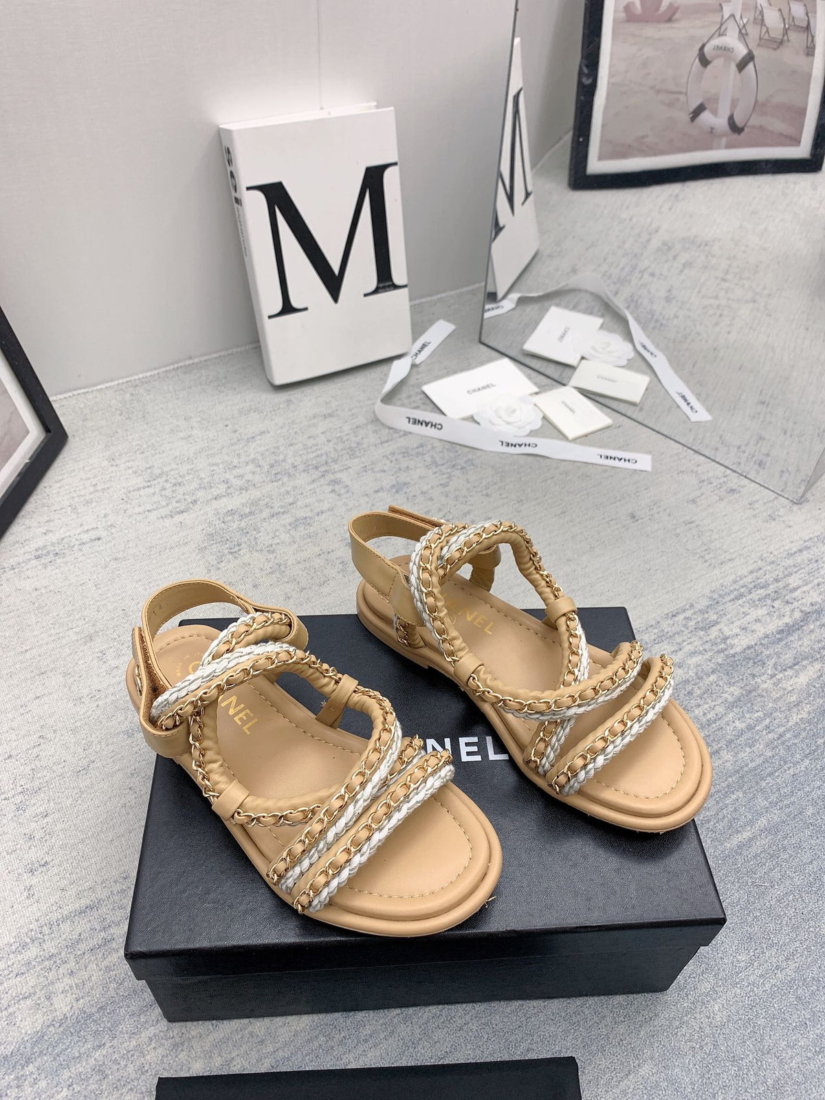 CC 26s Strappy Sandals Beige Gold Interlocking Chain Lambskin 160056