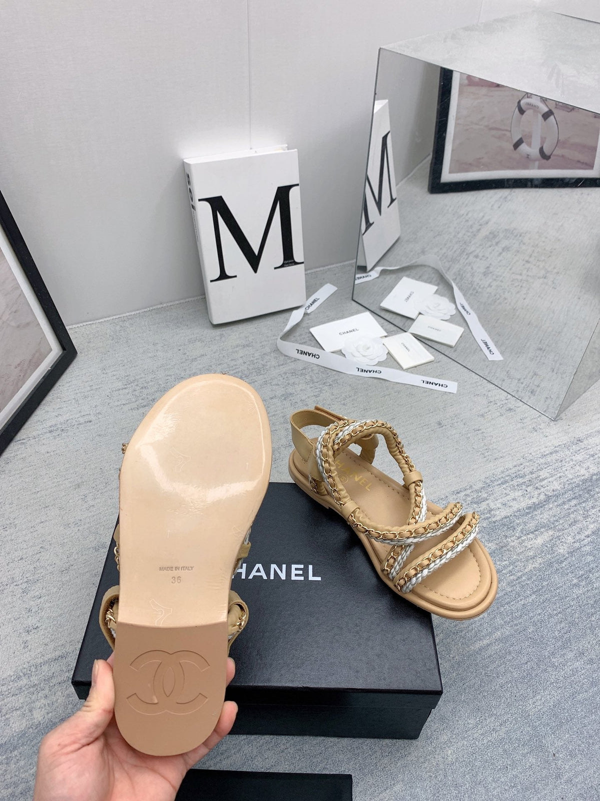 CC 26s Strappy Sandals Beige Gold Interlocking Chain Lambskin 160056