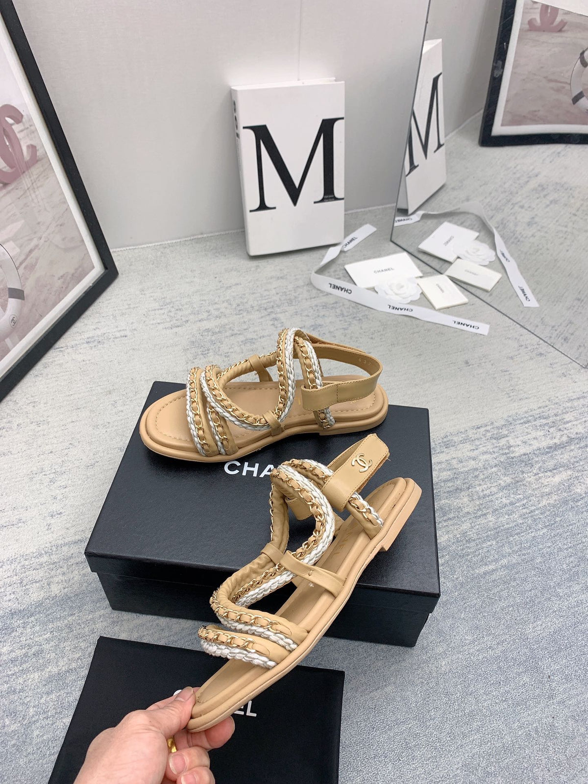CC 26s Strappy Sandals Beige Gold Interlocking Chain Lambskin 160056