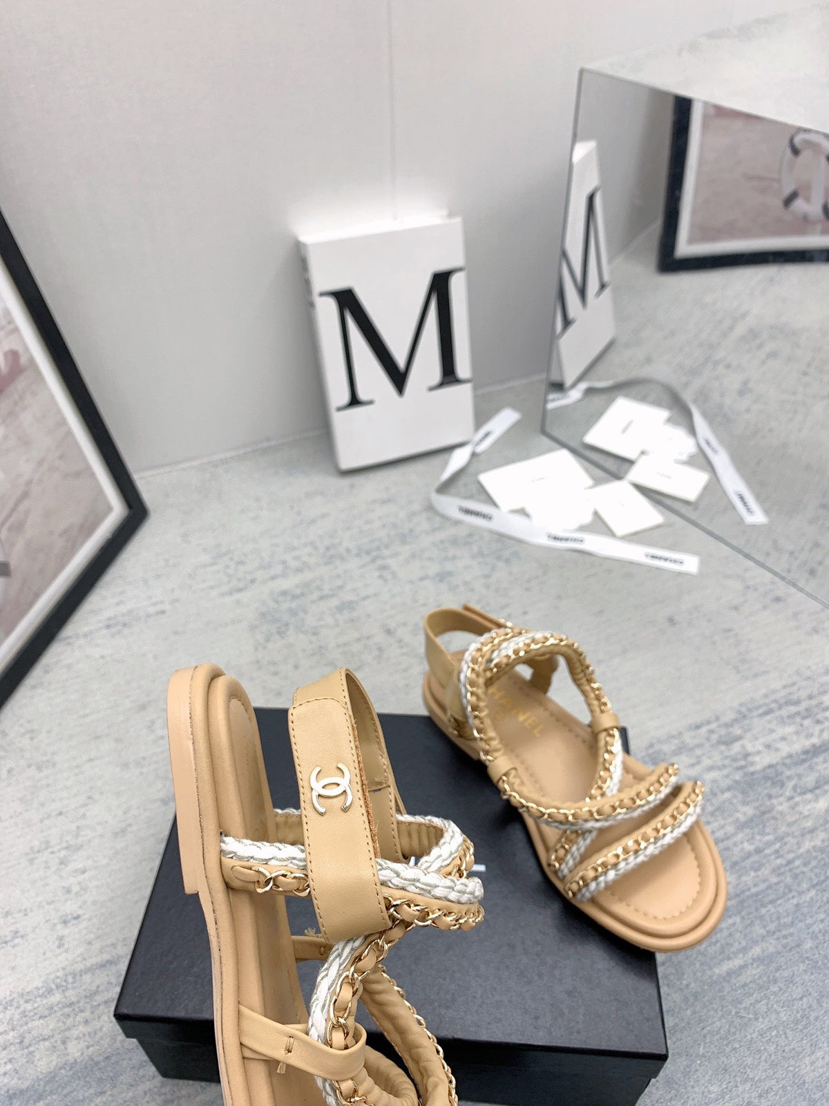 CC 26s Strappy Sandals Beige Gold Interlocking Chain Lambskin 160056