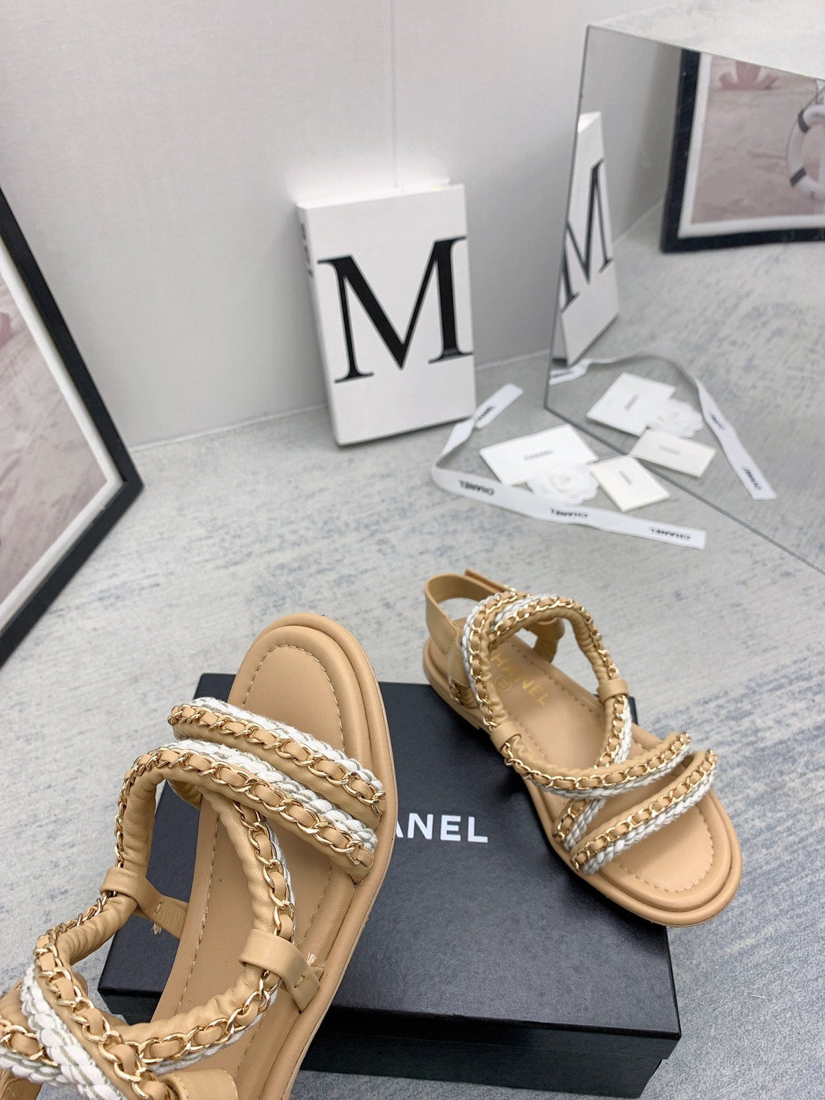 CC 26s Strappy Sandals Beige Gold Interlocking Chain Lambskin 160056