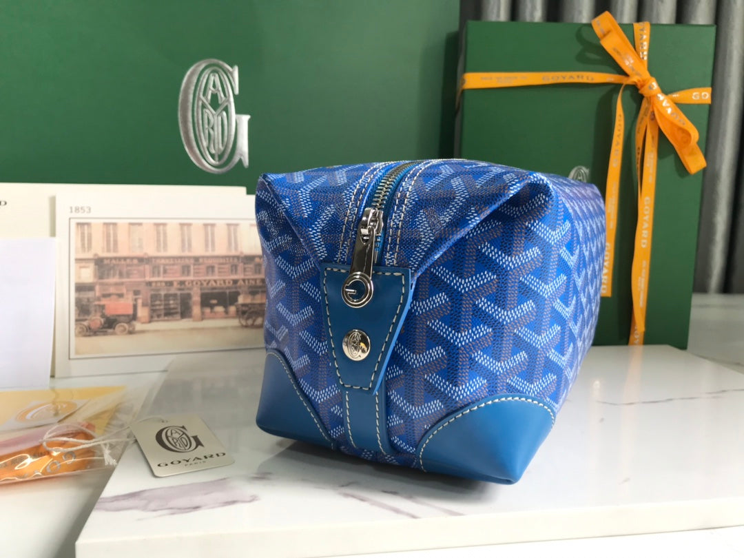 Goyard Bowling 25 Toiletry Bag Blue Canvas & Calfskin