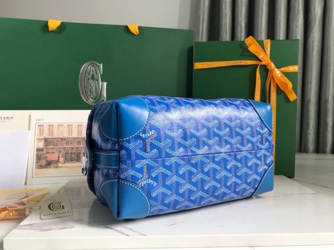Goyard Bowling 25 Toiletry Bag Blue Canvas & Calfskin