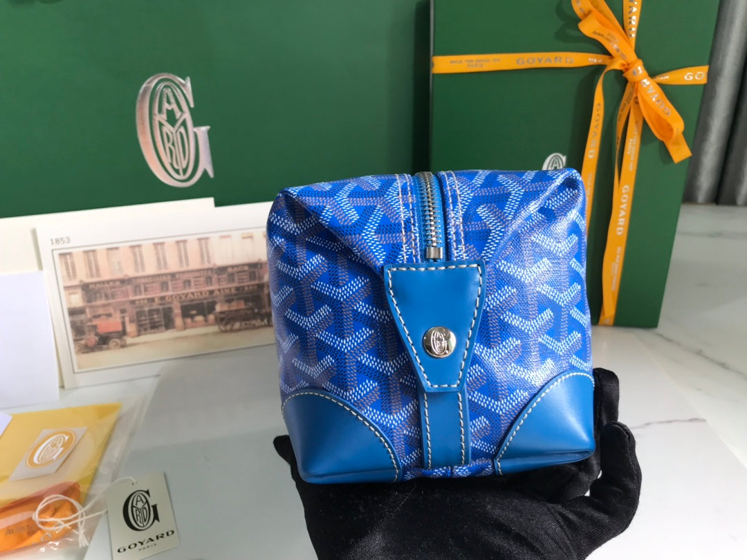 Goyard Bowling 25 Toiletry Bag Blue Canvas & Calfskin