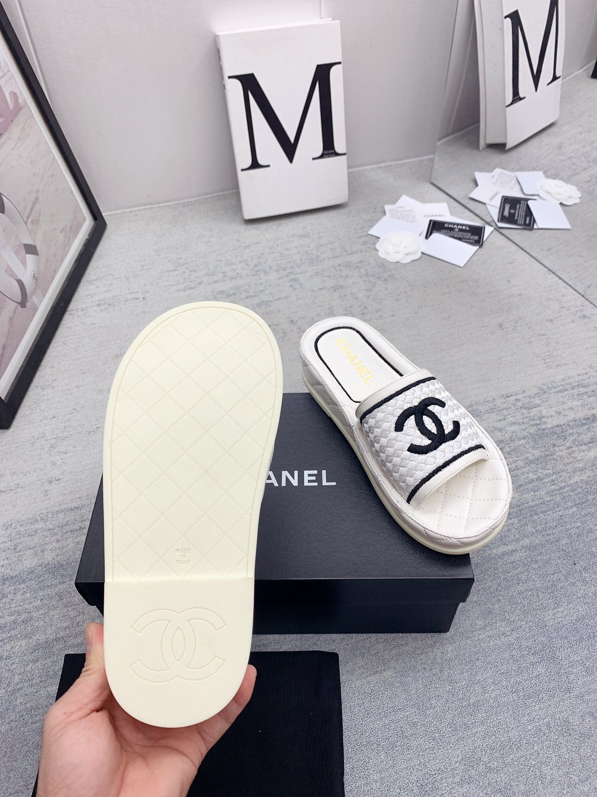 CC 26s Mules White Black Fabric Lambskin 160066