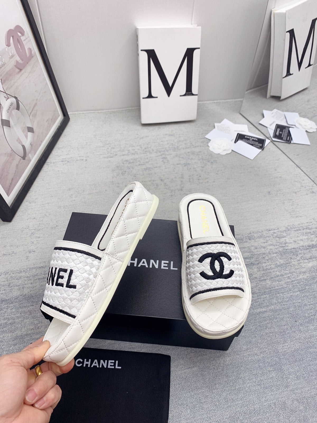 CC 26s Mules White Black Fabric Lambskin 160066