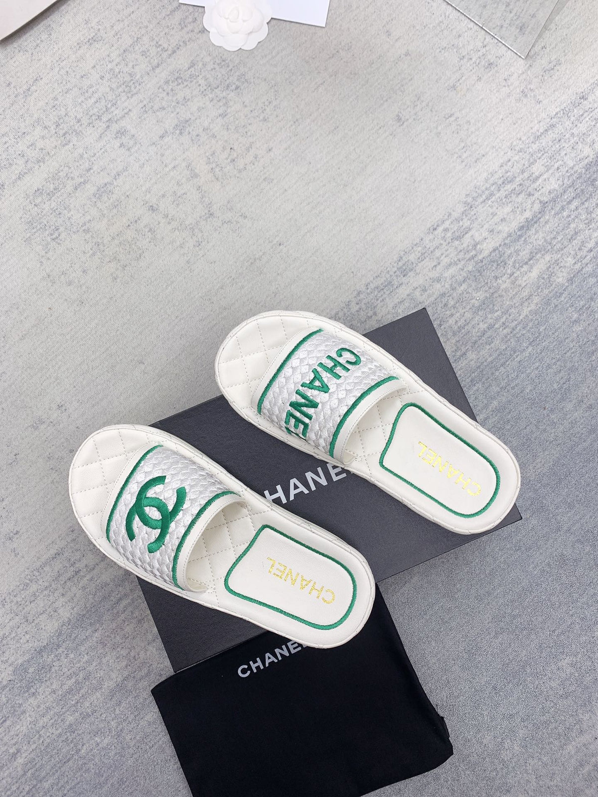 CC 26s Mules White Green Fabric Lambskin 160069