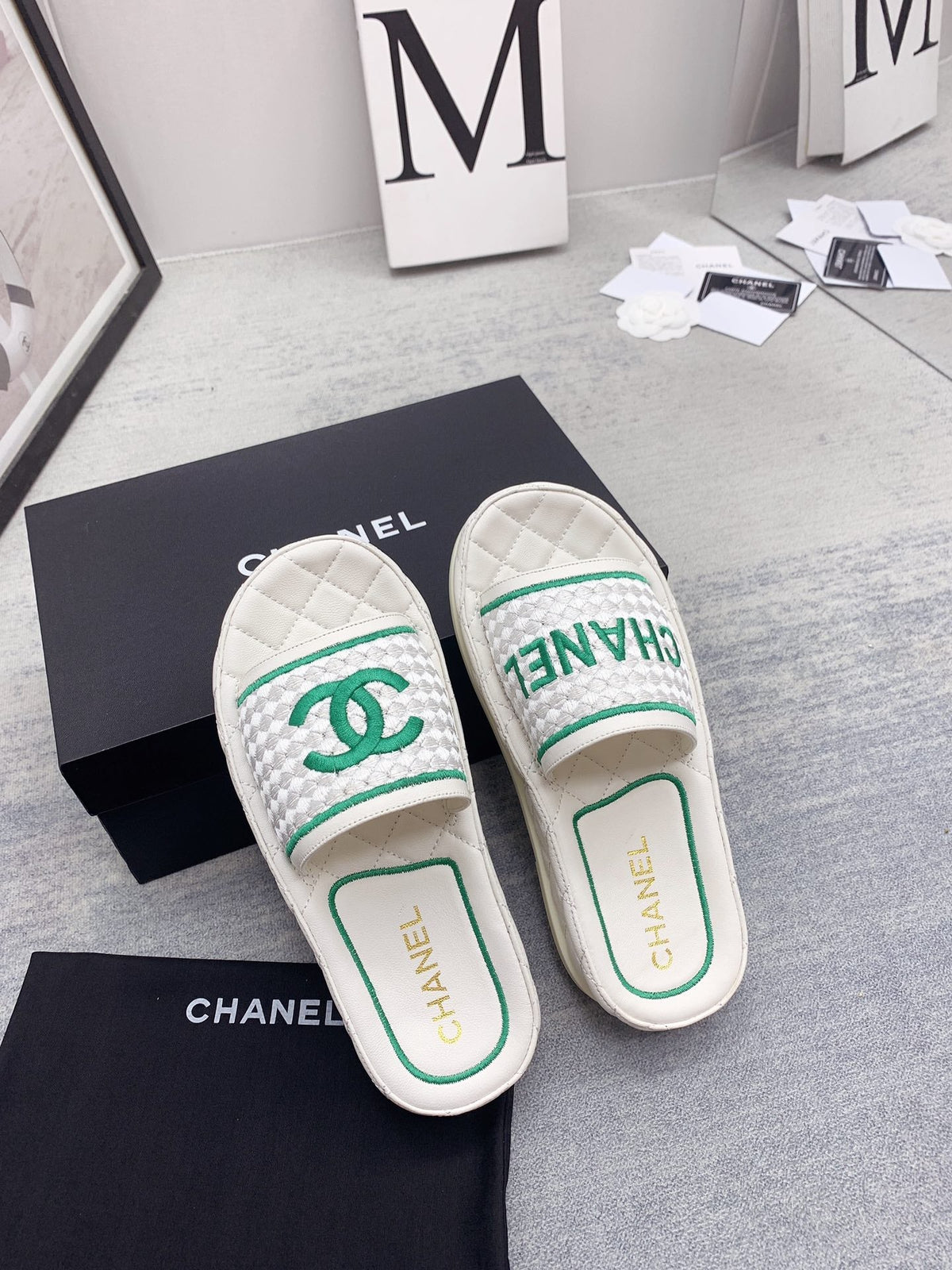 CC 26s Mules White Green Fabric Lambskin 160069