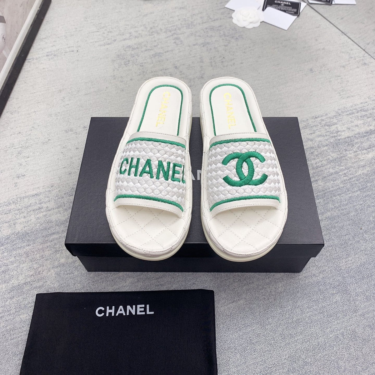 CC 26s Mules White Green Fabric Lambskin 160069