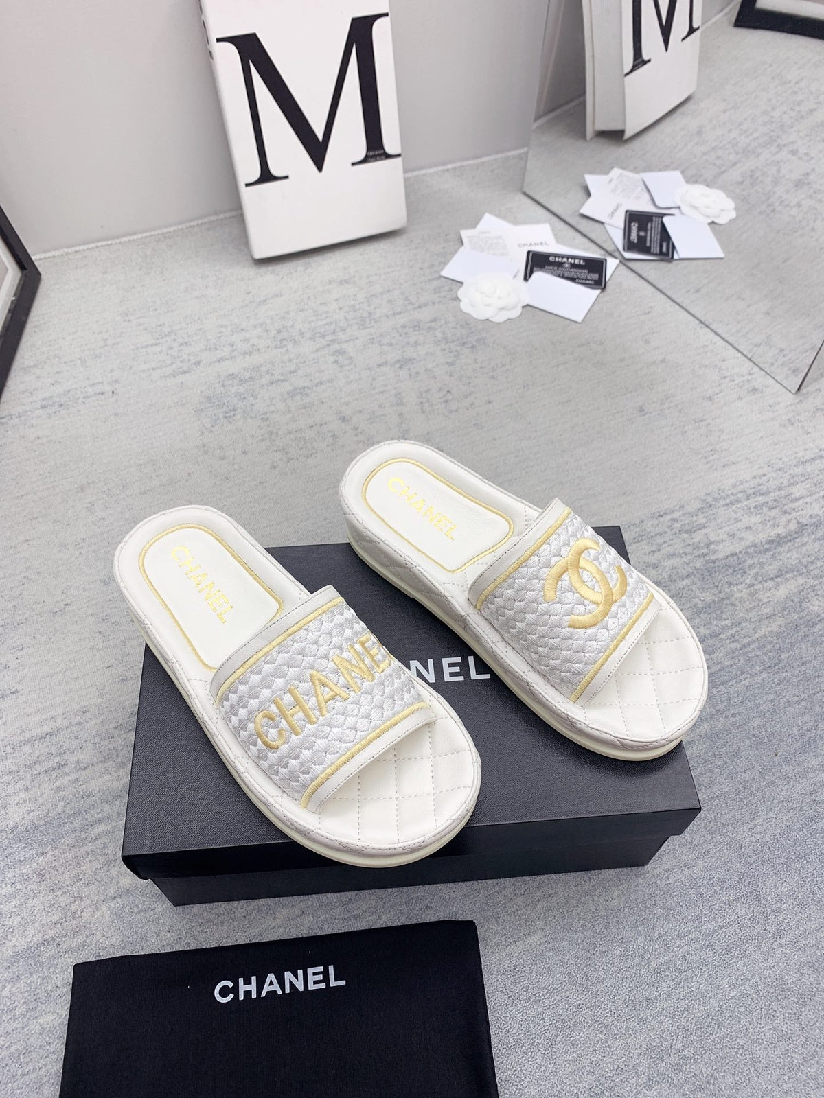 CC 26s Mules White Gold Fabric Lambskin 160068