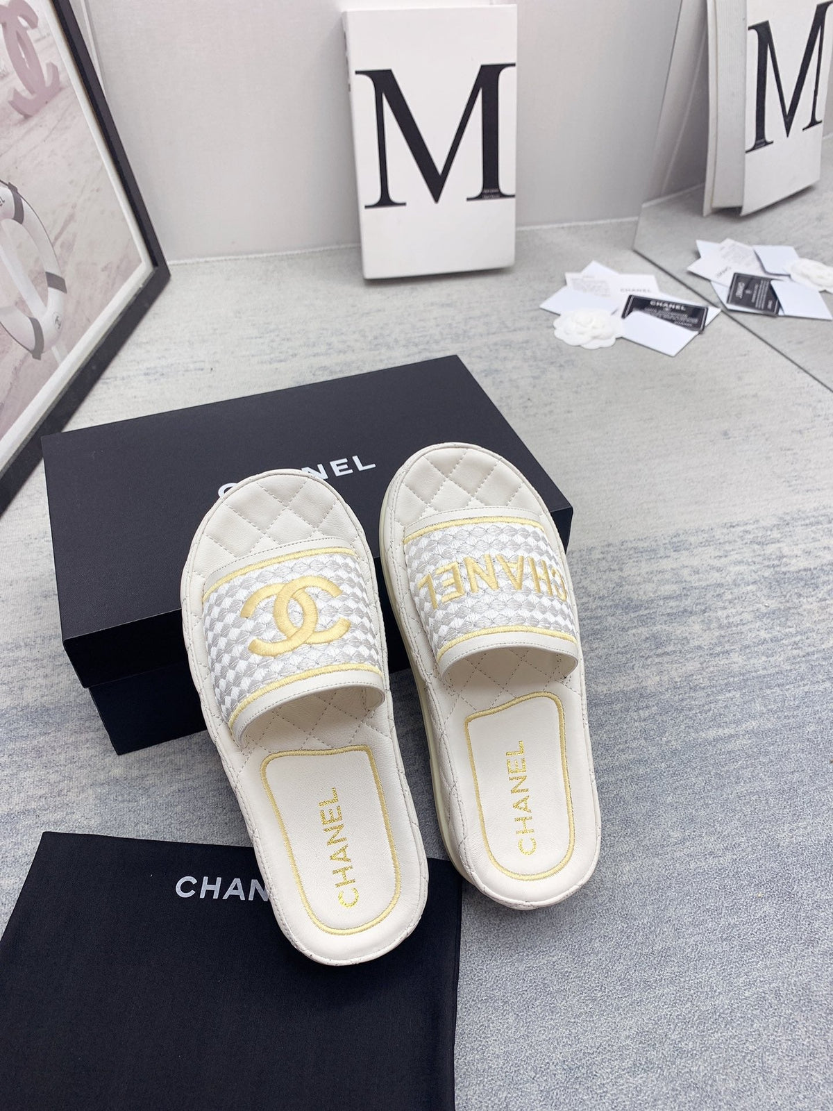 CC 26s Mules White Gold Fabric Lambskin 160068