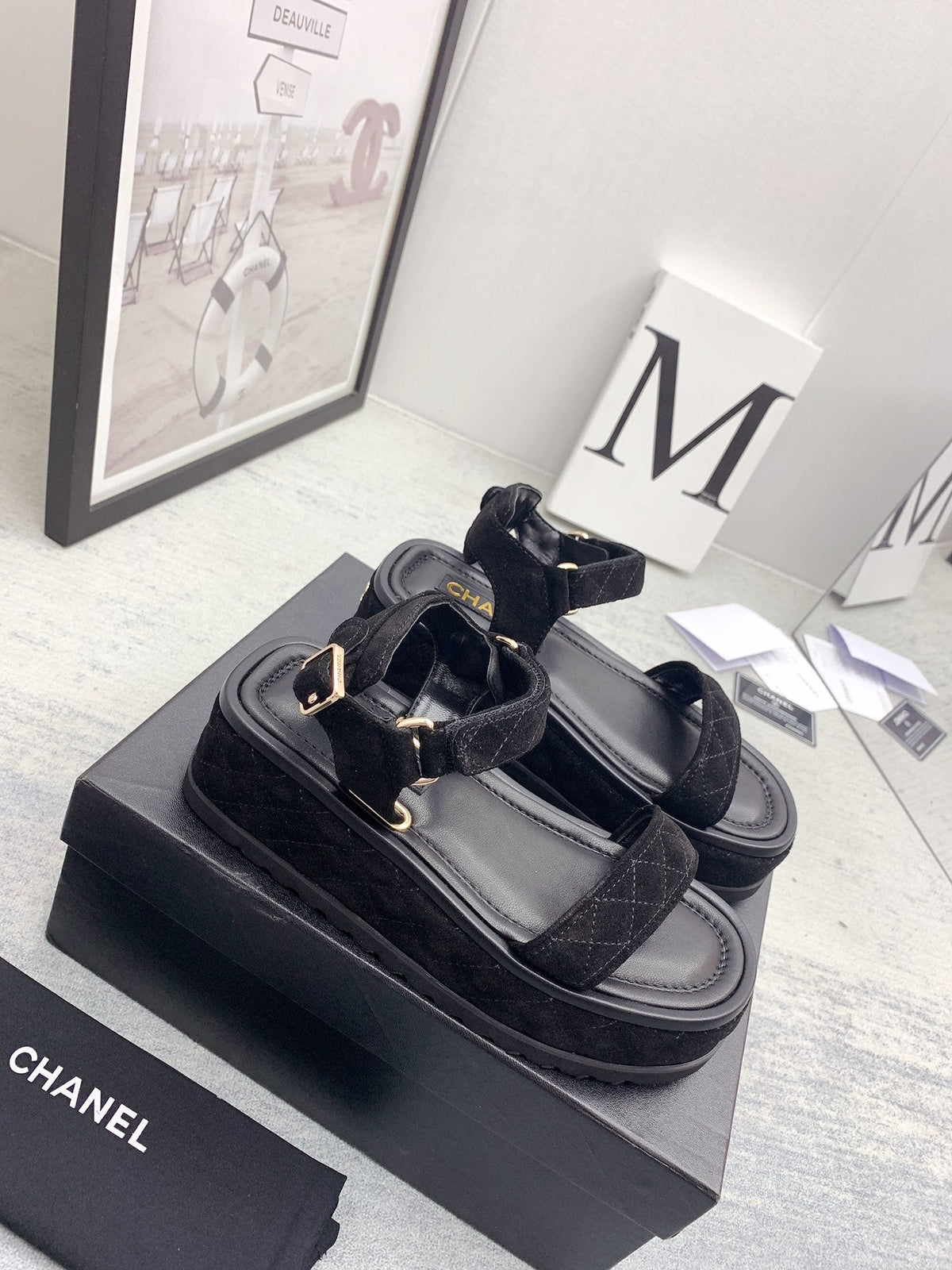 CC 26s Platform Sandals Black Quilted Suede Leather 160084