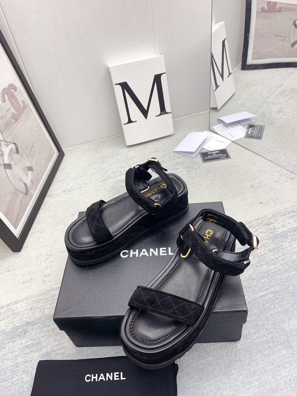 CC 26s Platform Sandals Black Quilted Suede Leather 160084