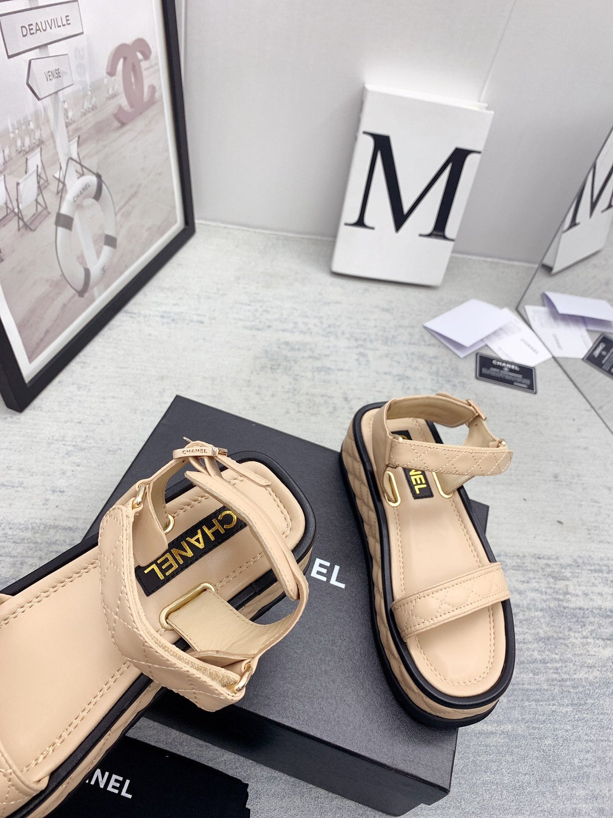 CC 26s Platform Sandals Beige Black Quilted Lambskin 160082