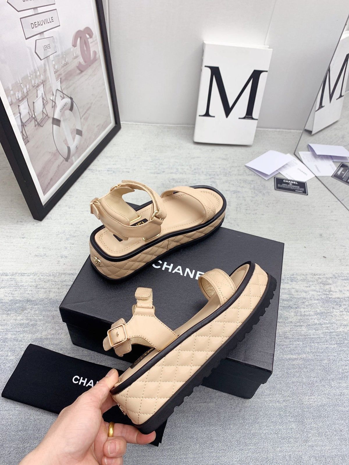 CC 26s Platform Sandals Beige Black Quilted Lambskin 160082