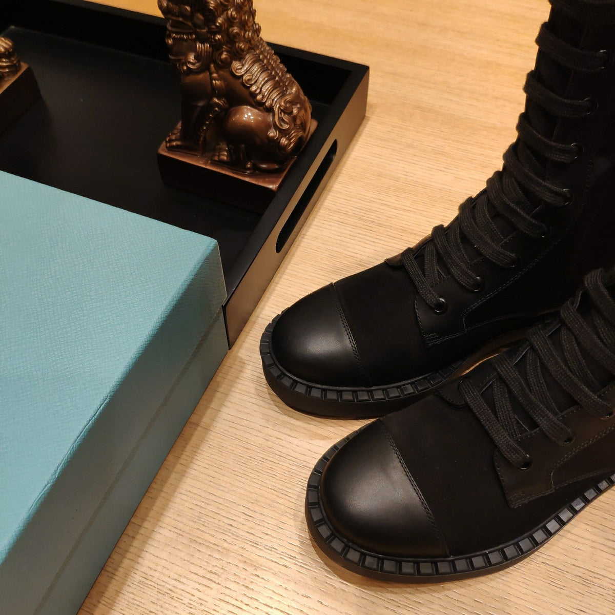 Prada 26s Combat Triangle Logo Knee-High Boots 5.5cm Black Nylon Leather 109447