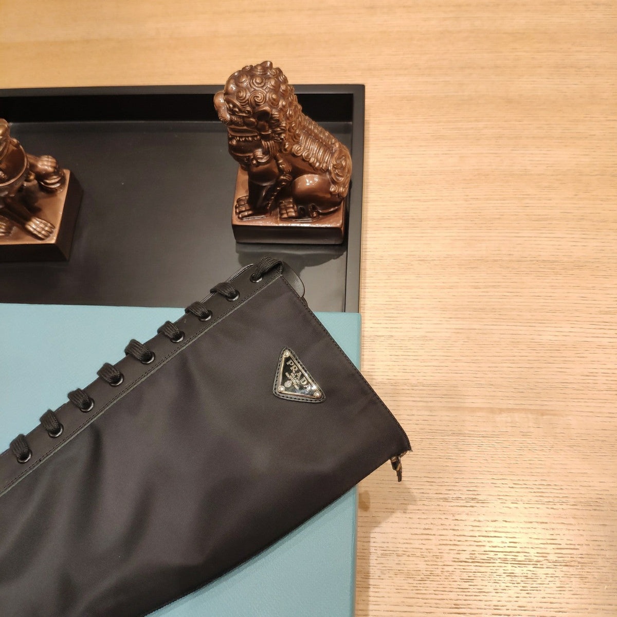 Prada 26s Combat Triangle Logo Knee-High Boots 5.5cm Black Nylon Leather 109447