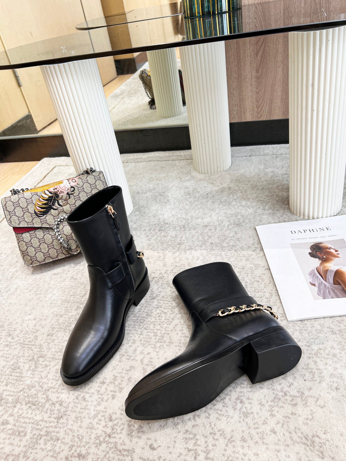 Chanel Calfskin Chain Ankle Boots 3cm Black Leather 168211