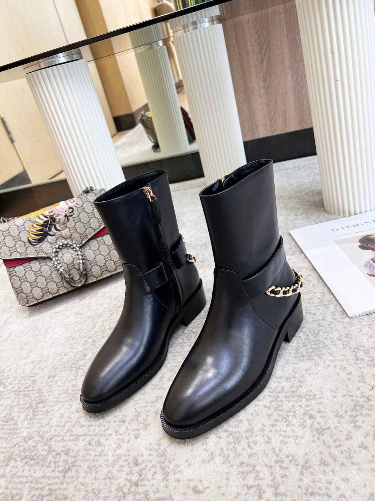 Chanel Calfskin Chain Ankle Boots 3cm Black Leather 168211