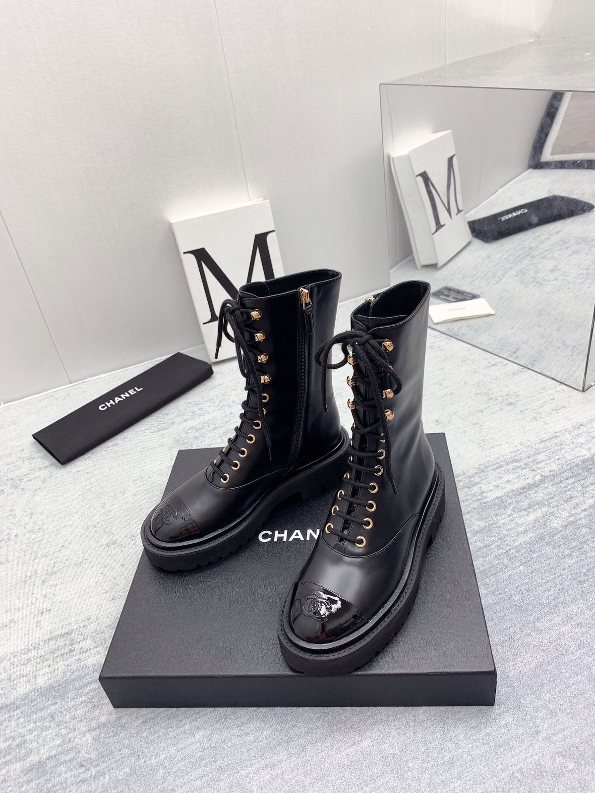CC 26s Lace Up Combat Boots Black Calfskin Patent Leather 160086