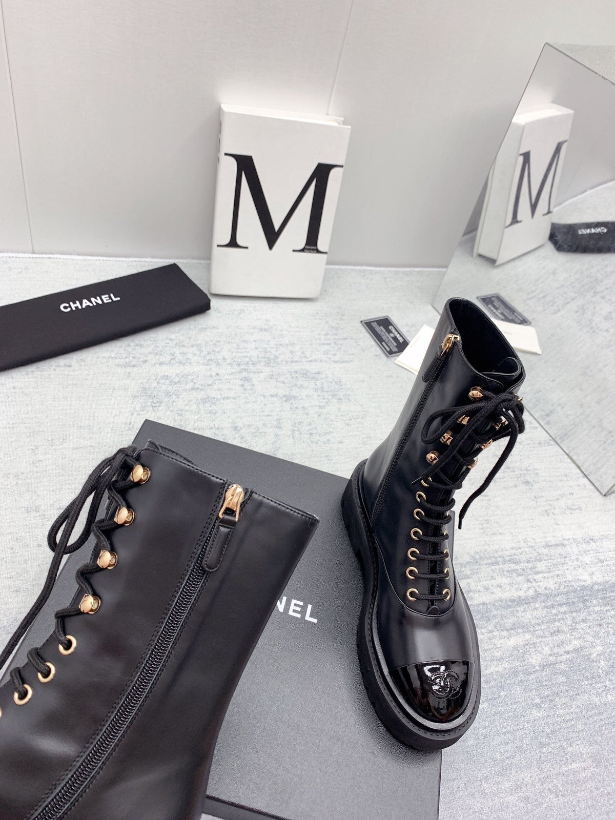 CC 26s Lace Up Combat Boots Black Calfskin Patent Leather 160086