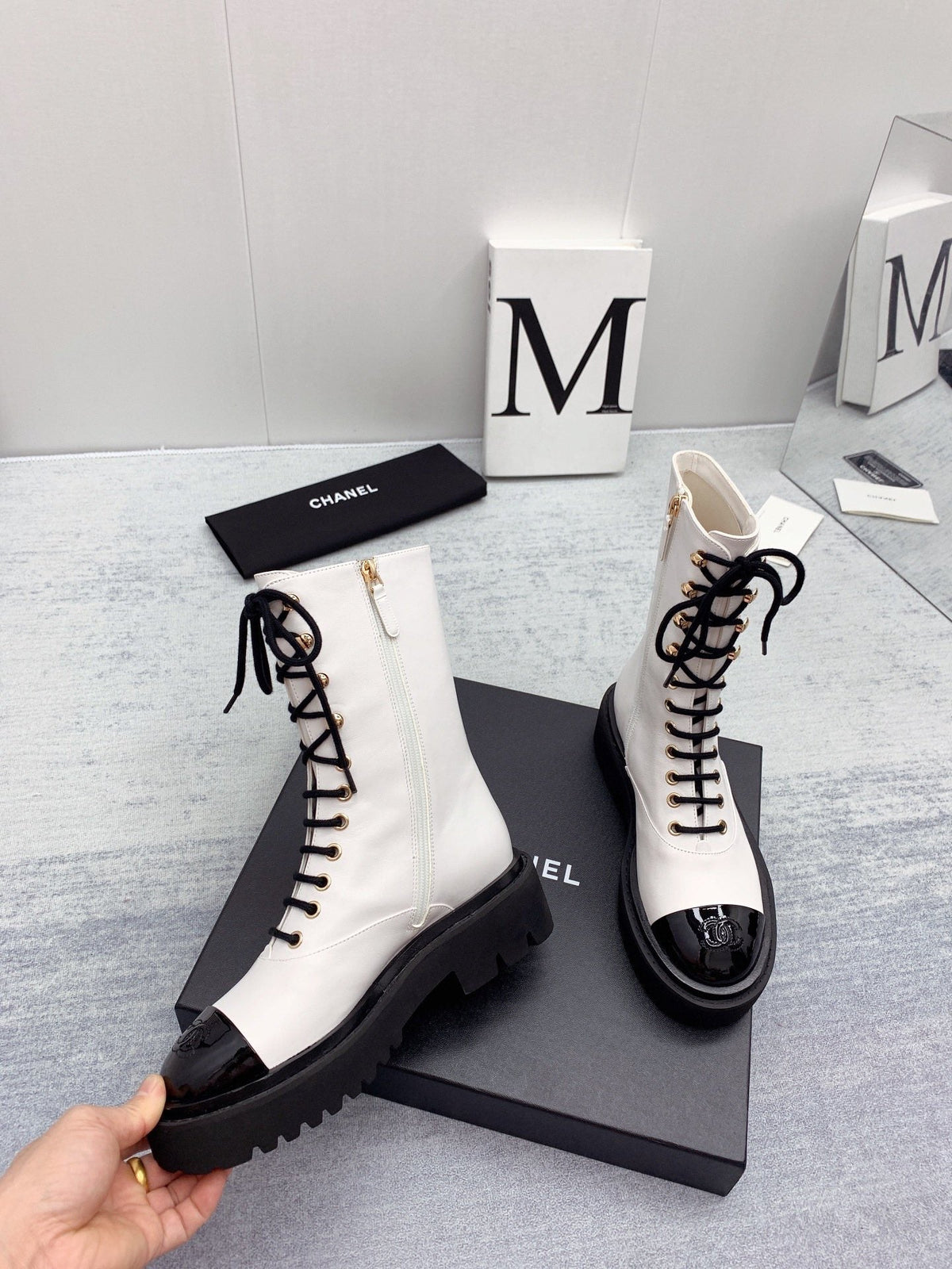 CC 26s Lace Up Combat Boots Ivory Black Calfskin Patent Leather 160087