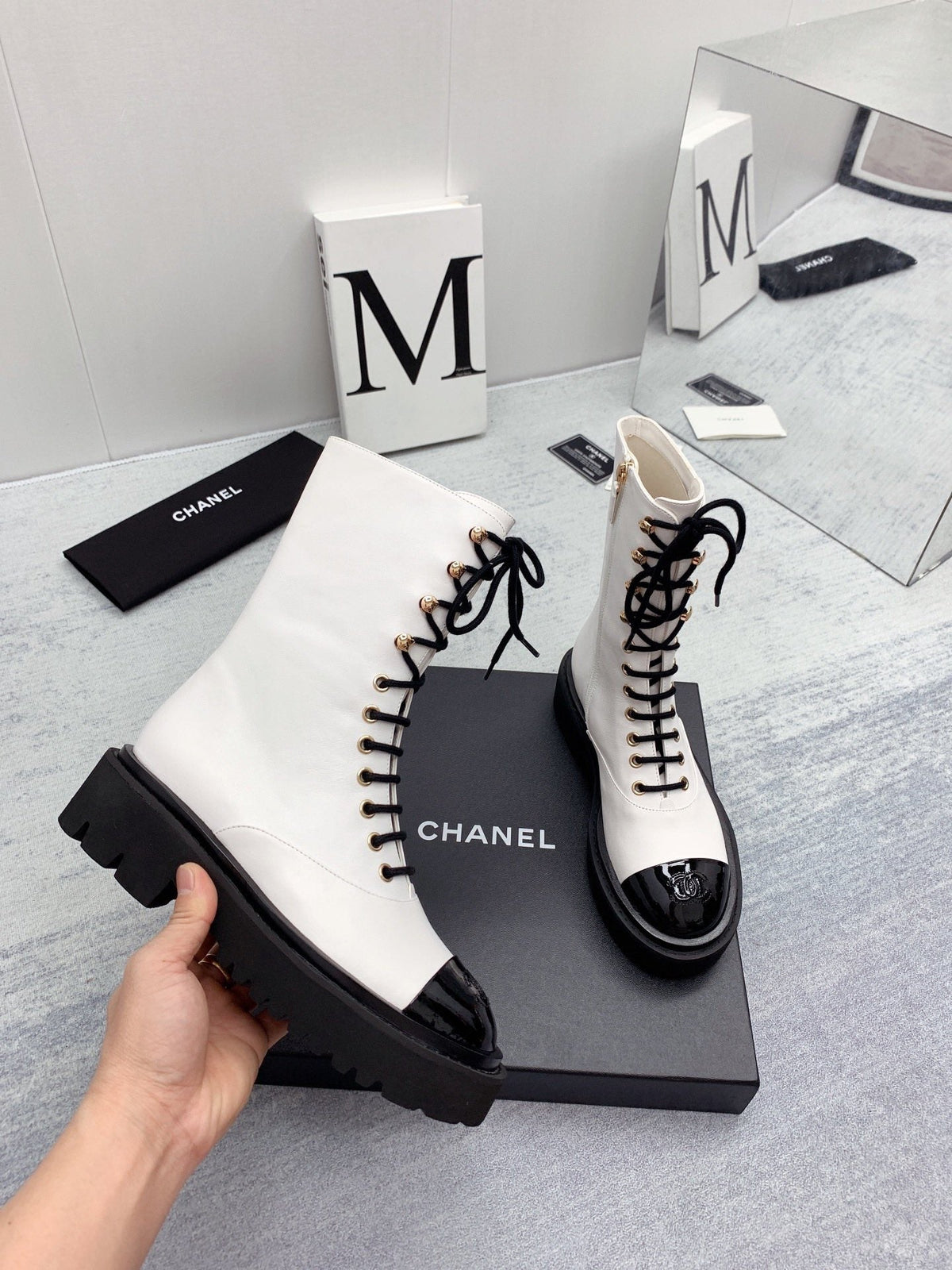 CC 26s Lace Up Combat Boots Ivory Black Calfskin Patent Leather 160087