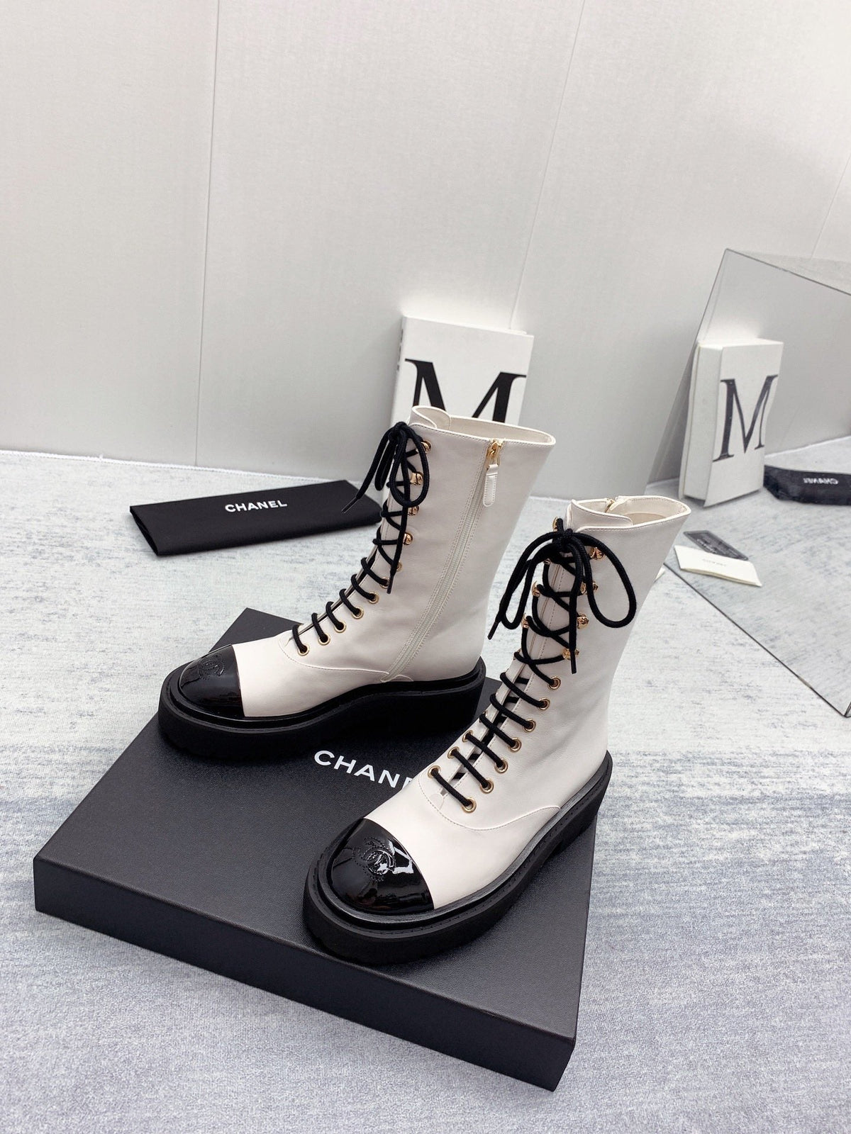 CC 26s Lace Up Combat Boots Ivory Black Calfskin Patent Leather 160087