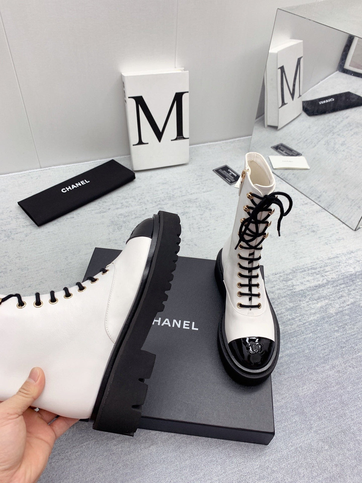 CC 26s Lace Up Combat Boots Ivory Black Calfskin Patent Leather 160087