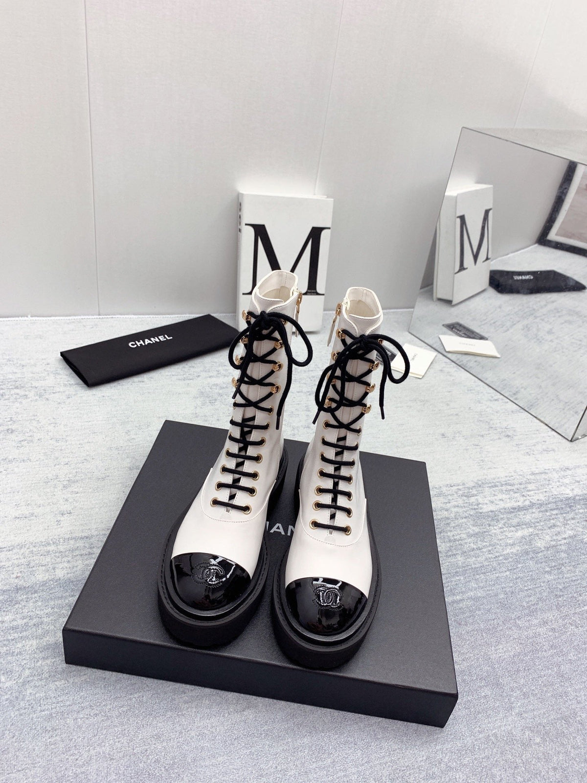 CC 26s Lace Up Combat Boots Ivory Black Calfskin Patent Leather 160087