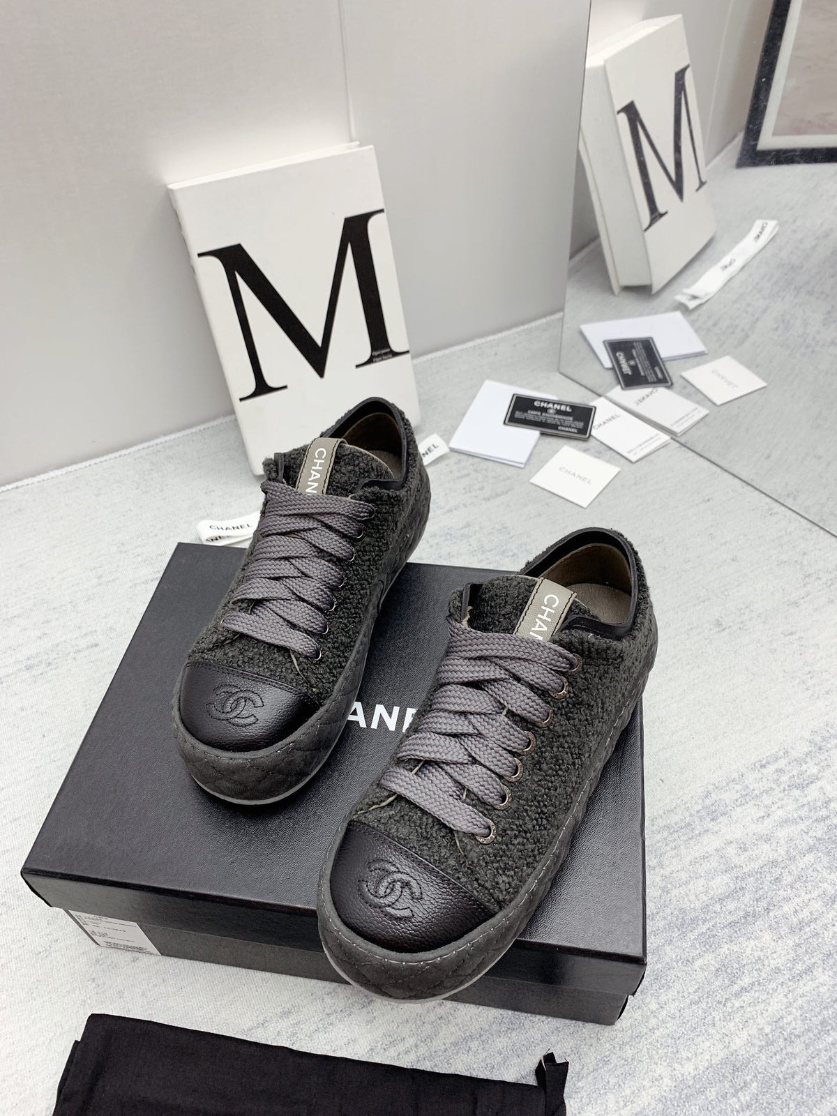 CC 26s Platform Sneakers Grey Black Boucle Calfskin 160122