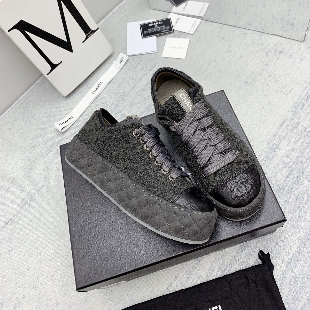 CC 26s Platform Sneakers Grey Black Boucle Calfskin 160122