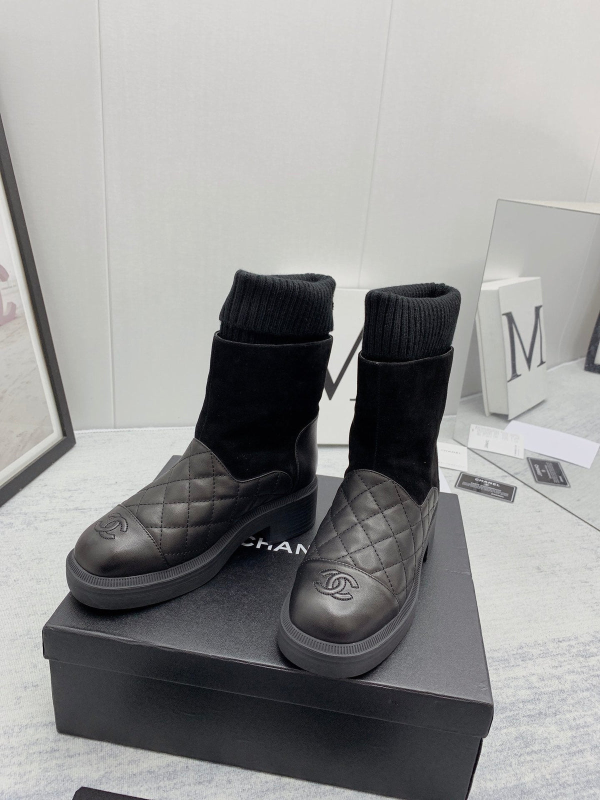CC 26s Sock Boots Black Quilted Leather Suede 160126