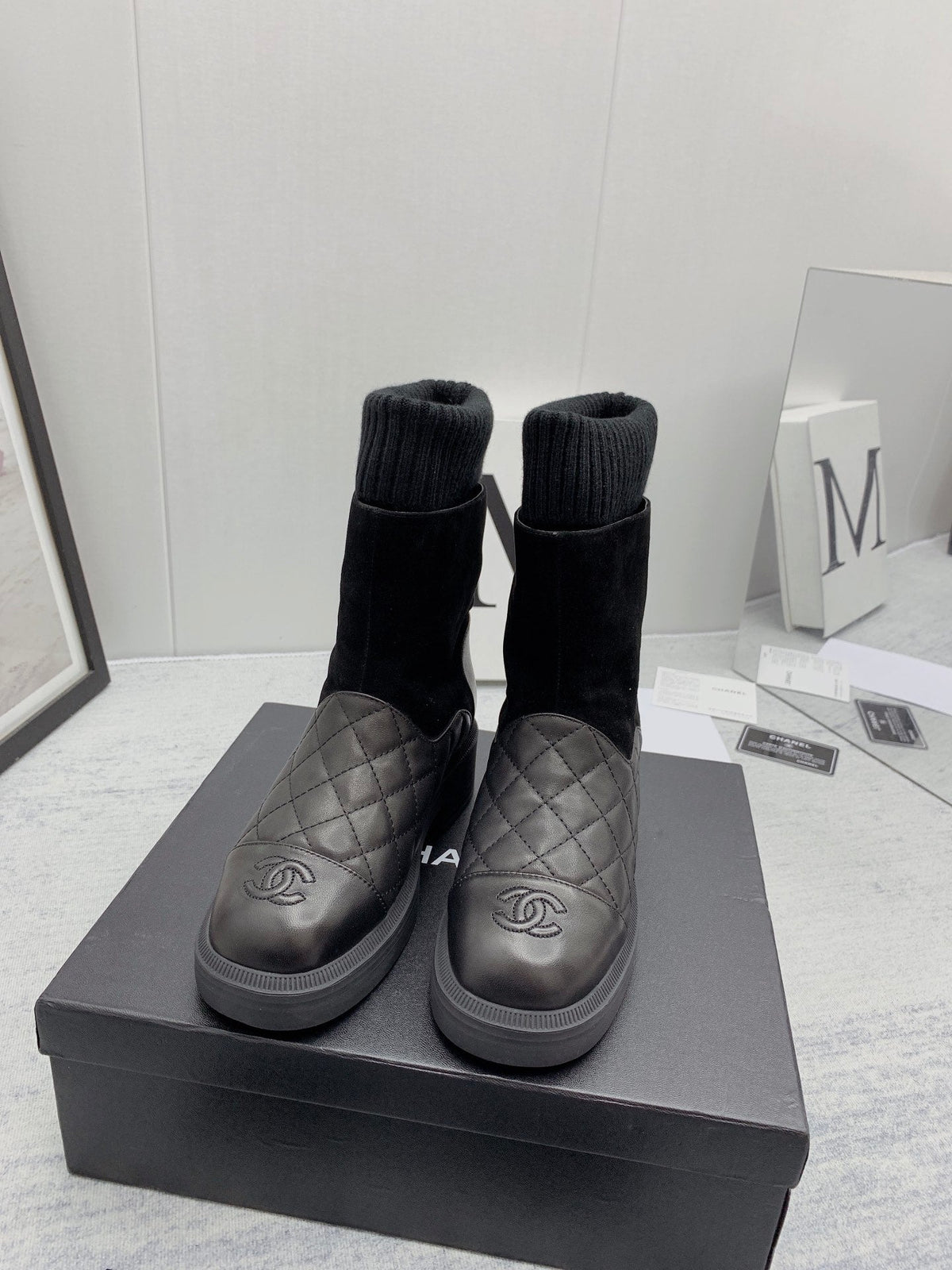CC 26s Sock Boots Black Quilted Leather Suede 160126