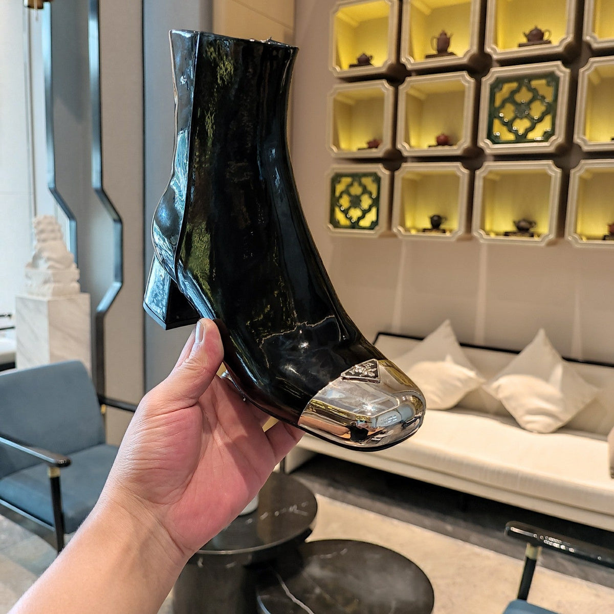 Prada 26s Metallic-Toe Triangle Logo Ankle Boots 5cm Black Patent Leather 109446