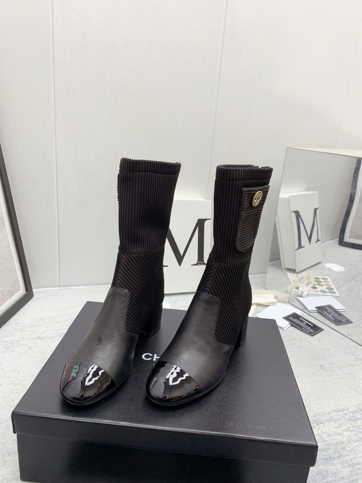 CC 26s Knit Boots Black Calfskin Patent Leather 160132