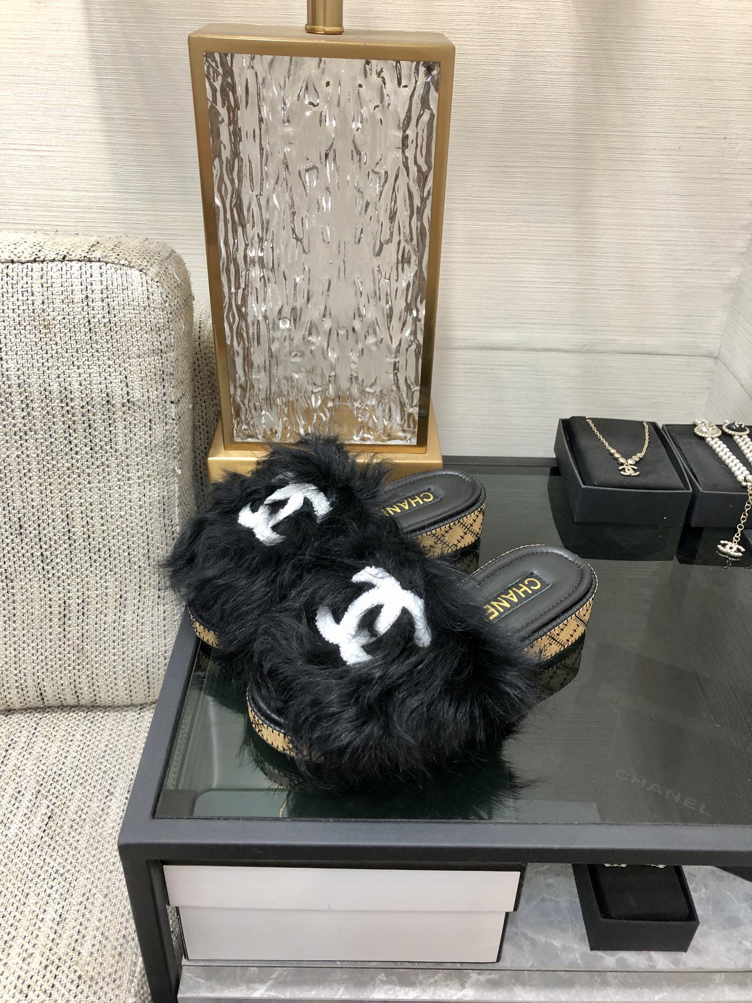 CC 26s Logo Slides Black Furry Leather 970163