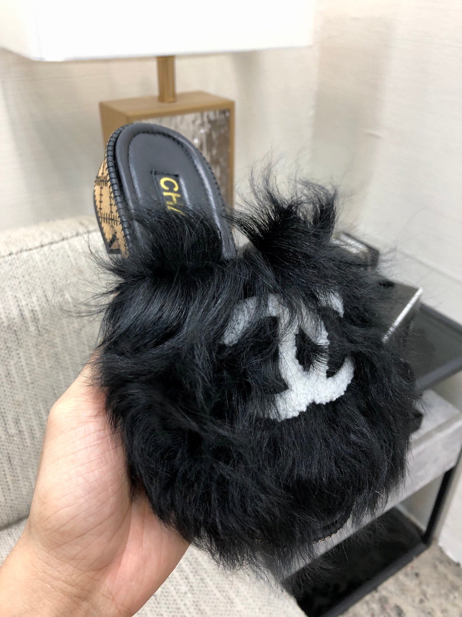 CC 26s Logo Slides Black Furry Leather 970163