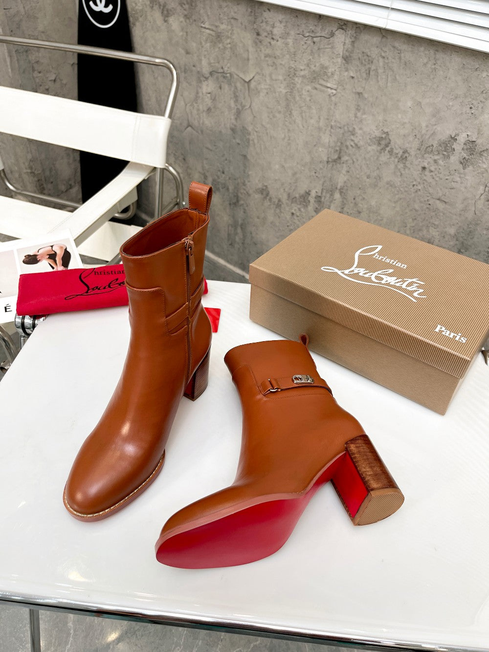 CL Turn-Lock Buckle Red Sole Booties Brown Calfskin 521439