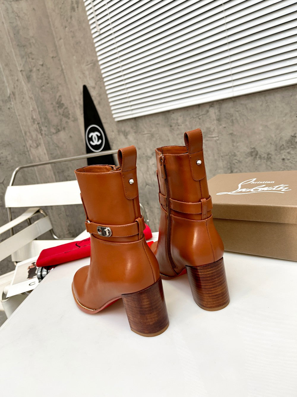 CL Turn-Lock Buckle Red Sole Booties Brown Calfskin 521439