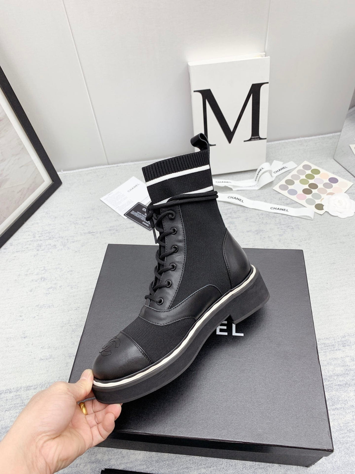 CC 26s Lace Up Combat Boots Black Denim Calfskin 160136